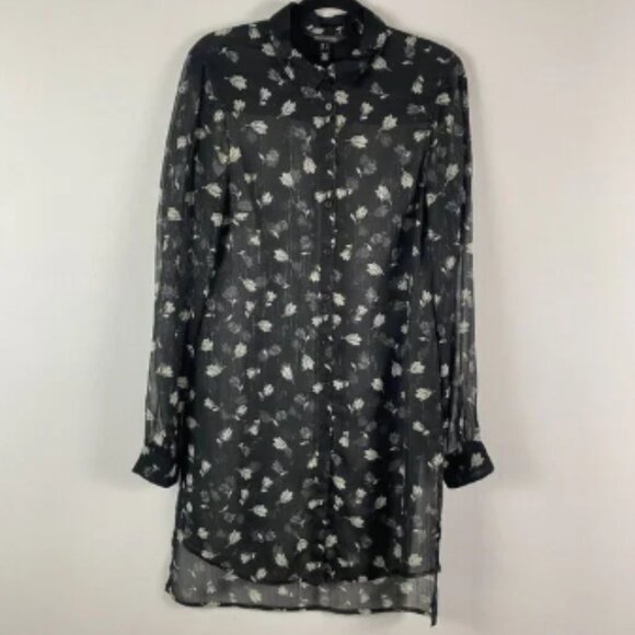 Long Tall Sally Sheer Button Up Tunic Shirt Size 6 Black Floral Metallic Stripe - Picture 1 of 5